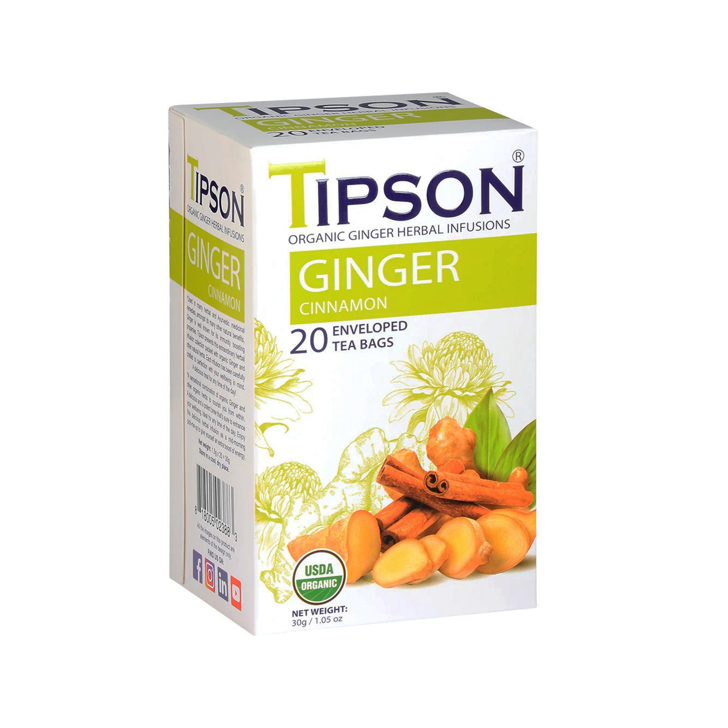 Tipson Organic Ginger Cinnamon Tea (30g) 20 Enveloped Tea Bags