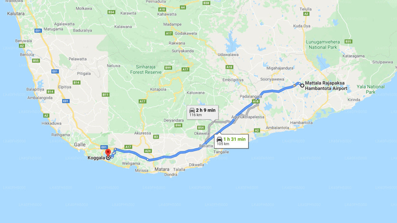Koggala City to Mattala (HRI) Airport Private Transfer