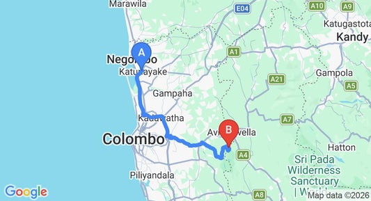 Driving route map: Colombo Airport (CMB) to Hewainna (75 km, approx 1 h 55 min private transfer)