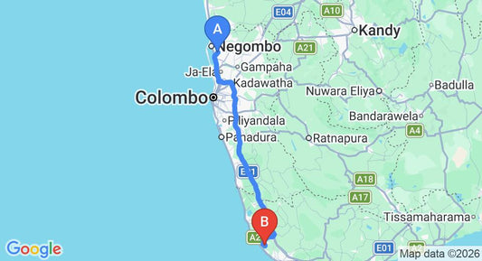 Driving route map: Colombo Airport (CMB) to HikkaResort Holiday Villa, Hikkaduwa (143 km, approx 2 h 7 min private transfer)