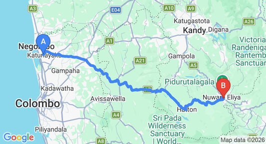 Driving route map: Colombo Airport (CMB) to Grand Camellia, Nuwara Eliya (154 km, approx 4 h 45 min private transfer)