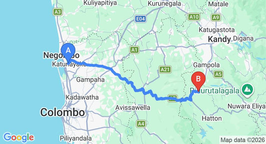 Driving route map: Colombo Airport (CMB) to Okwin Resort - Nawalapitiya, Kandy (107 km, approx 3 h 18 min private transfer)