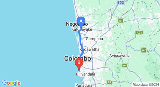 Driving route map: Colombo Airport (CMB) to Siddhalepa ANARVA, Mount Lavinia (43 km, approx 1 h 11 min private transfer)