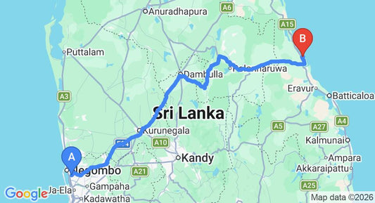 Driving route map: Colombo Airport (CMB) to Giman Free Beach Resort, Pasikuda (265 km, approx 5 h 23 min private transfer)
