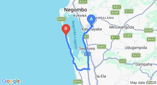 Driving route map: Colombo Airport (CMB) to Samyama Villa, Negombo (23 km, approx 36 min private transfer)