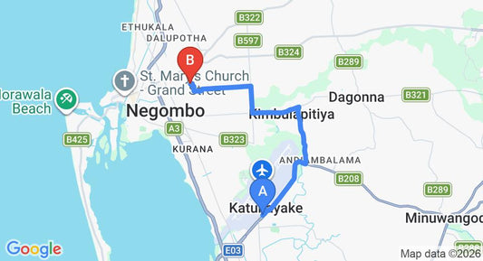 Driving route map: Colombo Airport (CMB) to Villa Dominikku, Negombo (10 km, approx 23 min private transfer)