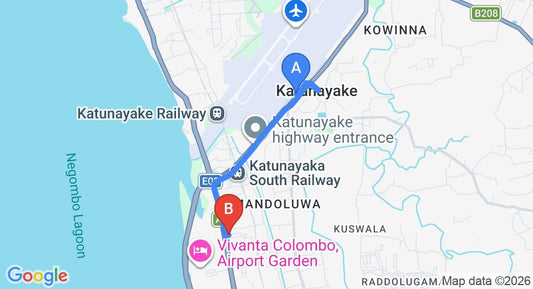 Driving route map: Colombo Airport (CMB) to Hotel Cockpit, Katunayake (4 km, approx 11 min private transfer)