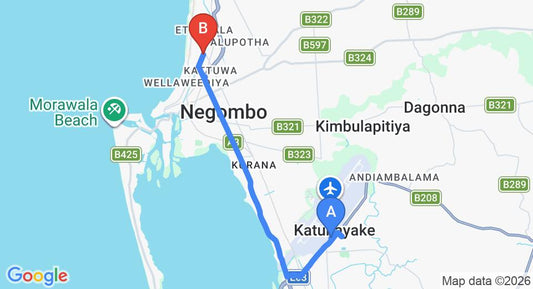 Driving route map: Colombo Airport (CMB) to Olanro Hotel, Negombo (11 km, approx 27 min private transfer)