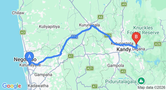 Driving route map: Colombo Airport (CMB) to Polwaththa Eco Lodges, Kandy (128 km, approx 3 h 18 min private transfer)