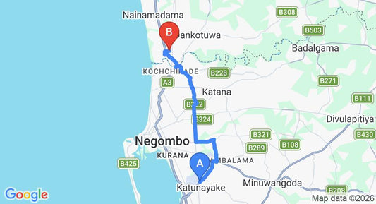 Driving route map: Colombo Airport (CMB) to Jetwing Seashells Hotel, Waikkal (18 km, approx 40 min private transfer)