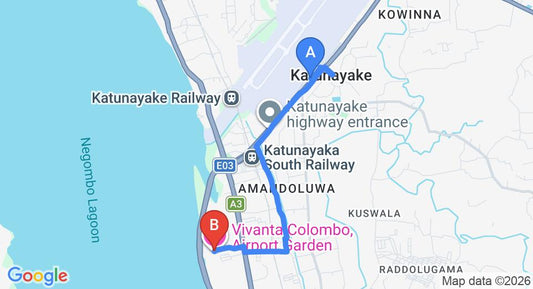 Driving route map: Colombo Airport (CMB) to Gateway Airport Garden Hotel, Katunayake (6 km, approx 16 min private transfer)