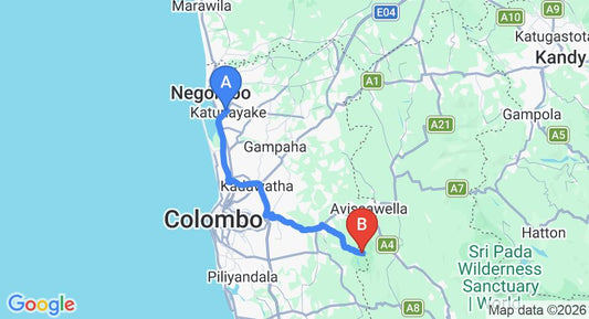 Driving route map: Colombo Airport (CMB) to Kalatuwawa (68 km, approx 1 h 38 min private transfer)