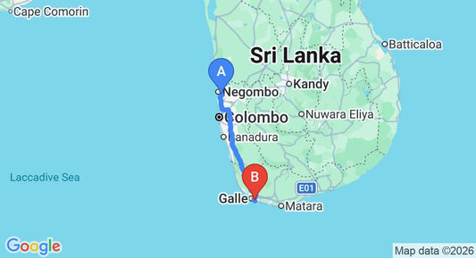 Driving route map: Colombo Airport (CMB) to La Veranda Di Serena, Unawatuna (153 km, approx 2 h 8 min private transfer)