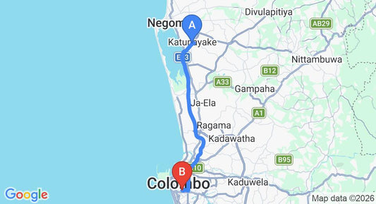 Driving route map: Colombo Airport (CMB) to Lavender Condominium, Colombo (34 km, approx 44 min private transfer)