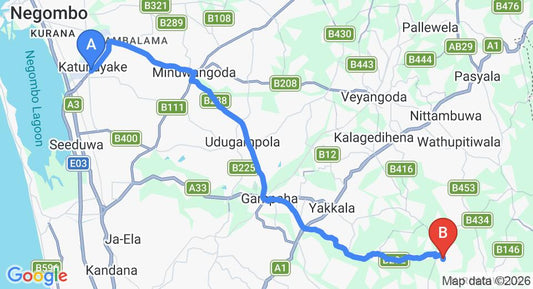 Driving route map: Colombo Airport (CMB) to The Hideaway, Wathurugama (35 km, approx 1 h 9 min private transfer)