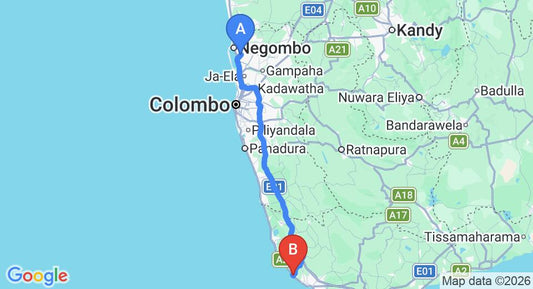 Driving route map: Colombo Airport (CMB) to villa venezia, Galle (144 km, approx 2 h 12 min private transfer)