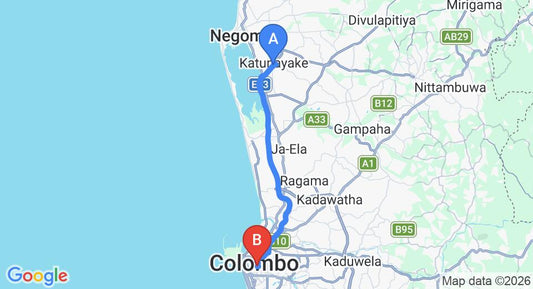 Driving route map: Colombo Airport (CMB) to Colombo 10 (33 km, approx 41 min private transfer)