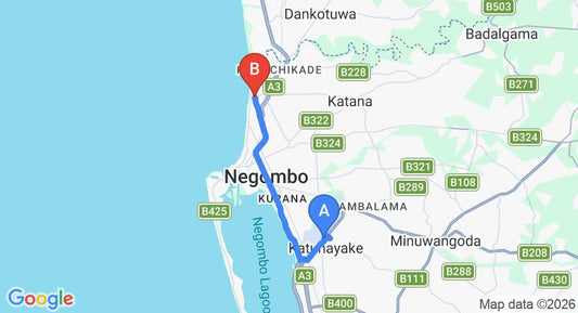 Driving route map: Colombo Airport (CMB) to GoodLuck Resort, Negombo (14 km, approx 34 min private transfer)