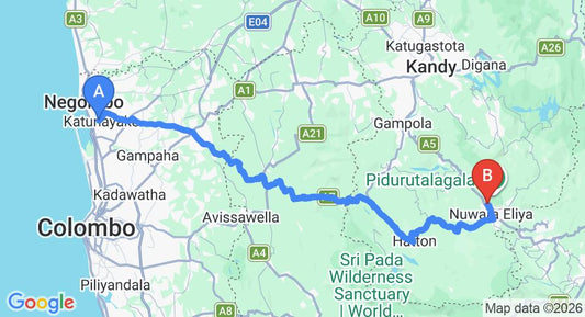 Driving route map: Colombo Airport (CMB) to Pigeons Nest, Nuwara Eliya (156 km, approx 4 h 52 min private transfer)