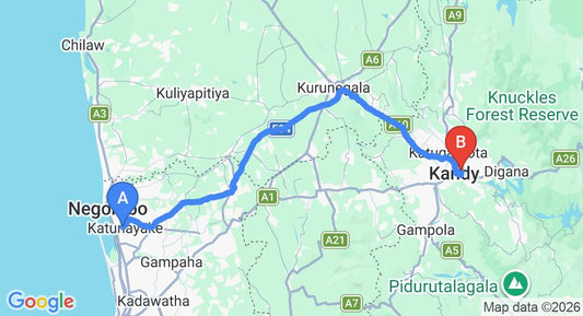 Driving route map: Colombo Airport (CMB) to The Beauty Hills residence, Kandy (117 km, approx 3 h 0 min private transfer)