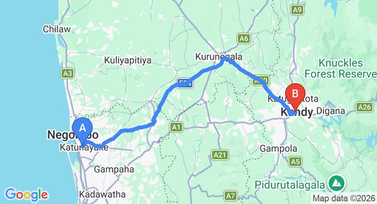 Driving route map: Colombo Airport (CMB) to Hotel Hill Top, Kandy (113 km, approx 2 h 48 min private transfer)