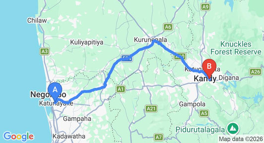 Driving route map: Colombo Airport (CMB) to House On The Rock, Kandy (117 km, approx 2 h 57 min private transfer)