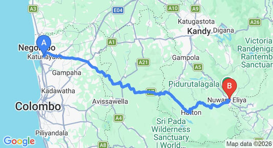 Driving route map: Colombo Airport (CMB) to Mirage Kings Cottage, Nuwara Eliya (155 km, approx 4 h 46 min private transfer)