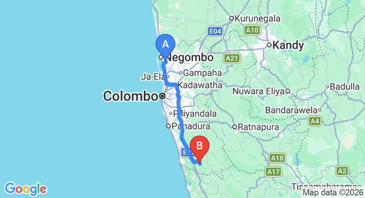 Driving route map: Colombo Airport (CMB) to The Ark, Mathugama (102 km, approx 1 h 33 min private transfer)