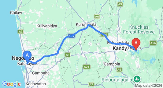Driving route map: Colombo Airport (CMB) to Serendib Signature Resorts, Kandy (130 km, approx 3 h 19 min private transfer)