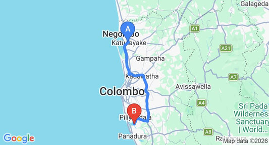 Driving route map: Colombo Airport (CMB) to Dampe Village, Piliyandala (66 km, approx 1 h 13 min private transfer)