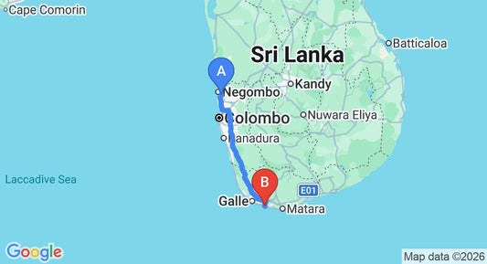 Driving route map: Colombo Airport (CMB) to Crystal Oceanic, Ahangama (165 km, approx 2 h 20 min private transfer)