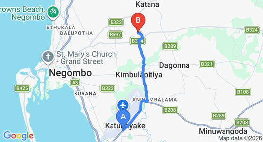 Driving route map: Colombo Airport (CMB) to Oreeka Hotel, Negombo (8 km, approx 18 min private transfer)