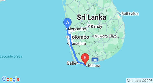 Driving route map: Colombo Airport (CMB) to Muthu Nila Villa with Sunken lounge pool, Mirissa (176 km, approx 2 h 29 min private transfer)