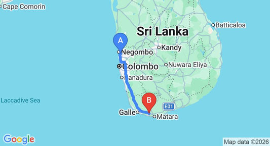 Driving route map: Colombo Airport (CMB) to Singha Villa Regency, Weligama (167 km, approx 2 h 13 min private transfer)