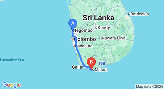 Driving route map: Colombo Airport (CMB) to Vista Paradise Beach Resort, Mirissa (179 km, approx 2 h 38 min private transfer)