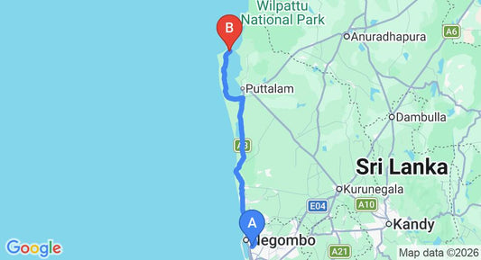 Driving route map: Colombo Airport (CMB) to St Anne's Lagoon House, Kalpitiya (140 km, approx 3 h 17 min private transfer)
