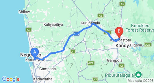 Driving route map: Colombo Airport (CMB) to Nisala Villa, Kandy (110 km, approx 2 h 40 min private transfer)