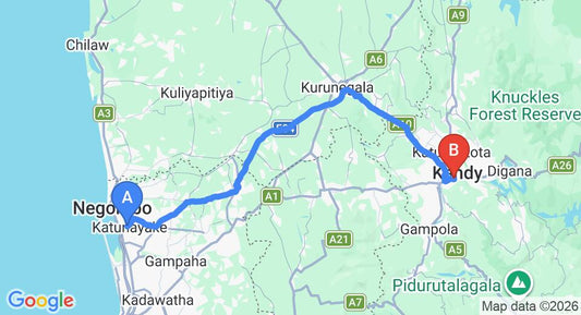 Driving route map: Colombo Airport (CMB) to Kandyan View Holiday Bungalow, Kandy (115 km, approx 2 h 55 min private transfer)