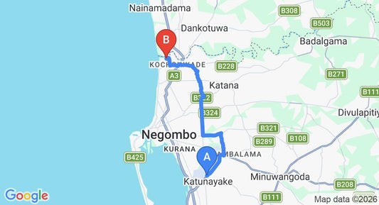 Driving route map: Colombo Airport (CMB) to Waterland, Negombo (18 km, approx 40 min private transfer)