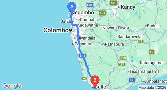 Driving route map: Colombo Airport (CMB) to Tartaruga Resort and Beach Restaurant, Unawatuna (153 km, approx 2 h 8 min private transfer)