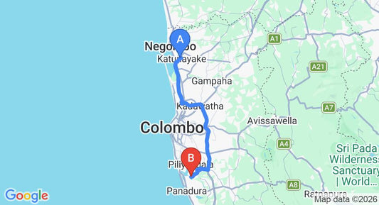 Driving route map: Colombo Airport (CMB) to The Ranmin Bungalow, Piliyandala (65 km, approx 1 h 12 min private transfer)