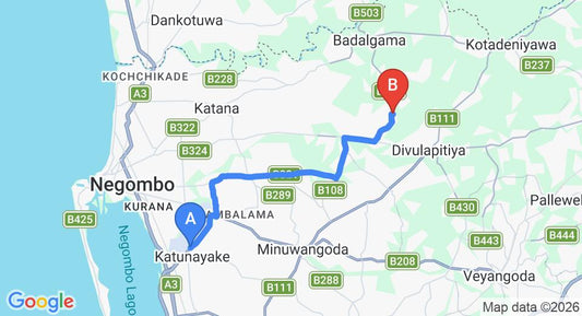 Driving route map: Colombo Airport (CMB) to Hunumulla (20 km, approx 36 min private transfer)