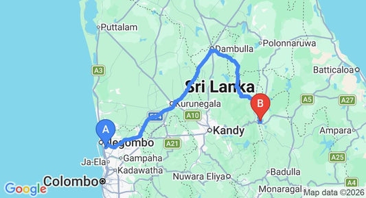 Driving route map: Colombo Airport (CMB) to Sorabora Gedara, Mahiyanganaya (218 km, approx 4 h 35 min private transfer)