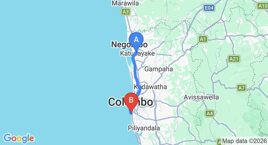 Driving route map: Colombo Airport (CMB) to Ocean Breeze Apartment Colombo, Colombo (39 km, approx 57 min private transfer)