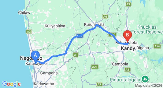 Driving route map: Colombo Airport (CMB) to PEAK VIEW REST, Kandy (111 km, approx 2 h 45 min private transfer)