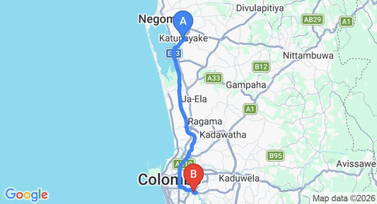 Driving route map: Colombo Airport (CMB) to Summerset House, Colombo (36 km, approx 50 min private transfer)