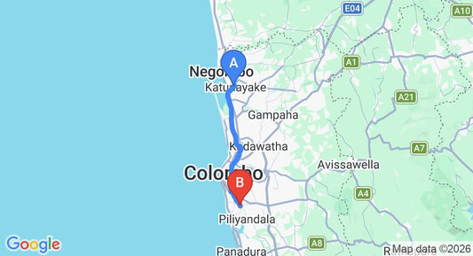 Driving route map: Colombo Airport (CMB) to Atrium Leisure, Colombo (43 km, approx 1 h 6 min private transfer)