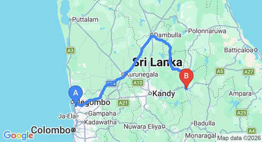 Driving route map: Colombo Airport (CMB) to The Nest, Mahiyanganaya (220 km, approx 4 h 36 min private transfer)