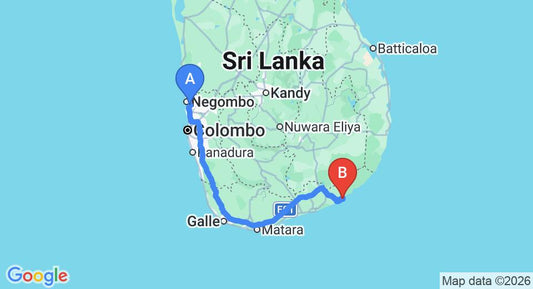Driving route map: Colombo Airport (CMB) to Palatupana (298 km, approx 4 h 15 min private transfer)