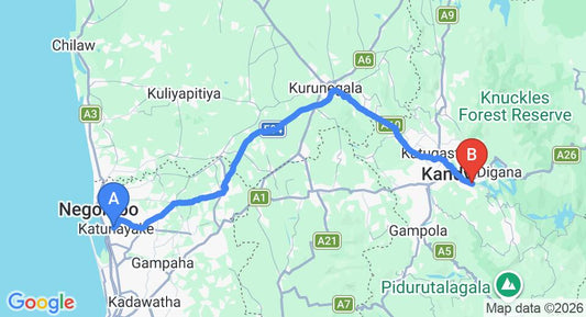 Driving route map: Colombo Airport (CMB) to Rivendell Hotel, Kandy (120 km, approx 3 h 2 min private transfer)